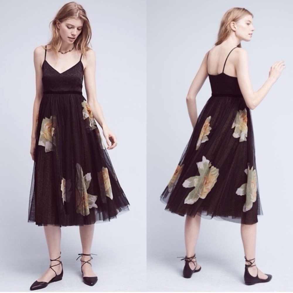 ANTHROPOLOGIE Moulinette Soeurs Saffron Tulle Dress Size 4 Black Floral Metallic
